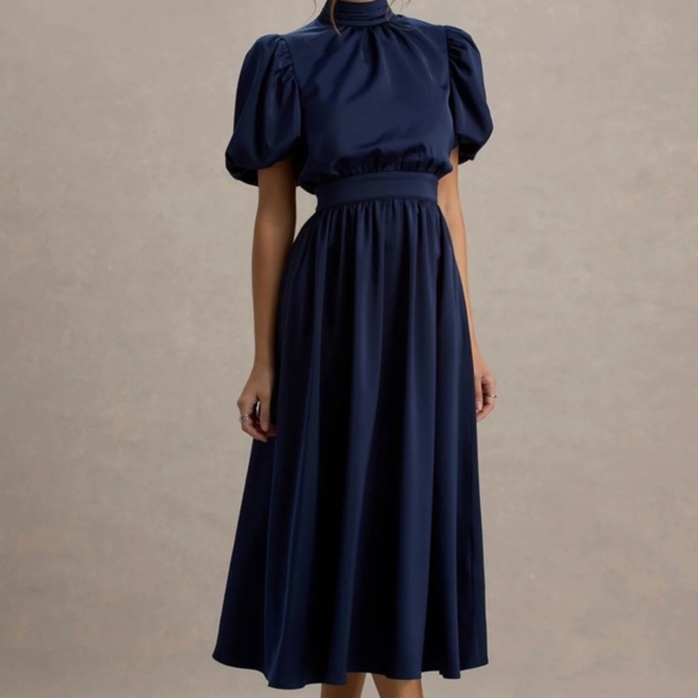 NWT Club L London Persea Navy Satin Puff-Sleeve Wedding Guest Midi Dress